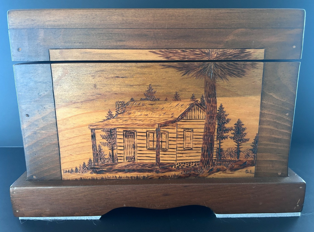 Vintage Pyrography Wood Keepsake Box, Hand Burned Cabin and Pine Forest Scene.